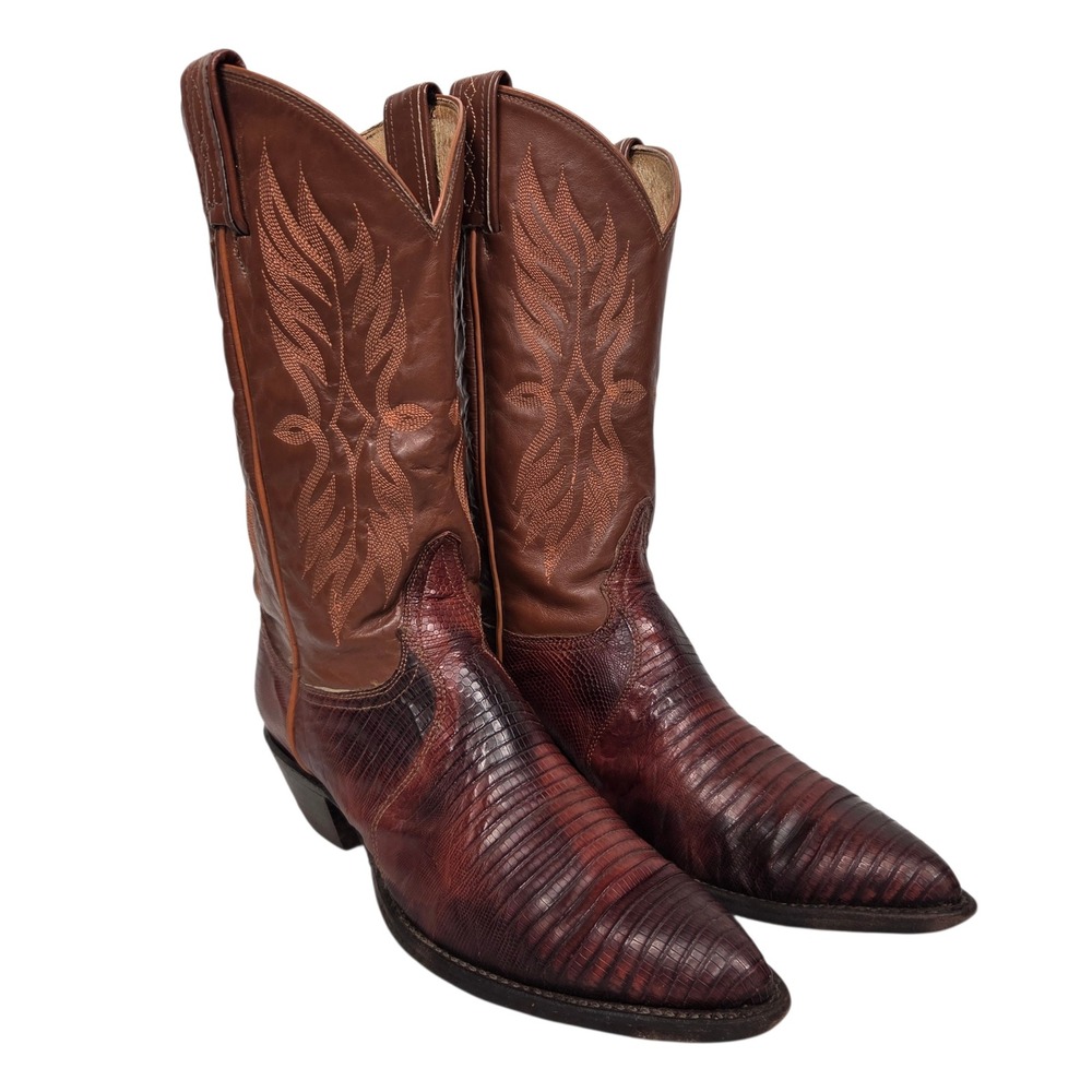 Vtg Tony Lama Cowboy Boots Mens 8.5 M Brown Lizard Skin Western Black Label